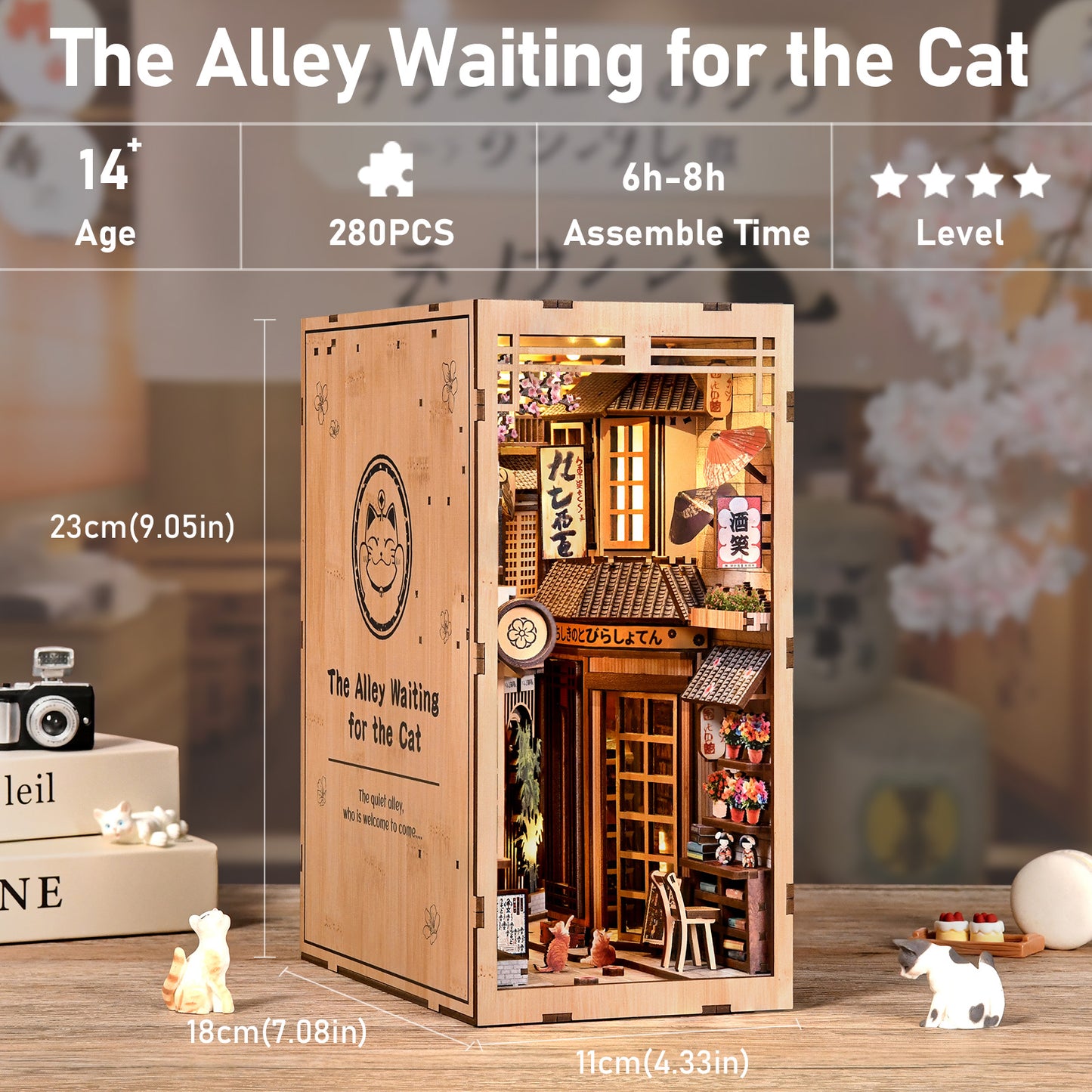The image is a detailed miniature dollhouse with a wooden frame, featuring various miniature furniture, accessories, and decorations. The dollhouse is labeled as "The Alley Waiting for the Cat" and is described as a "Miniature Dollhouse Kit" with "280Pcs" and "6h-8h" assembly time. The dollhouse is placed on a wooden surface, and there are small figurines and a camera nearby. The image also includes some text providing information about the dollhouse, such as its age, size, and assembly time.