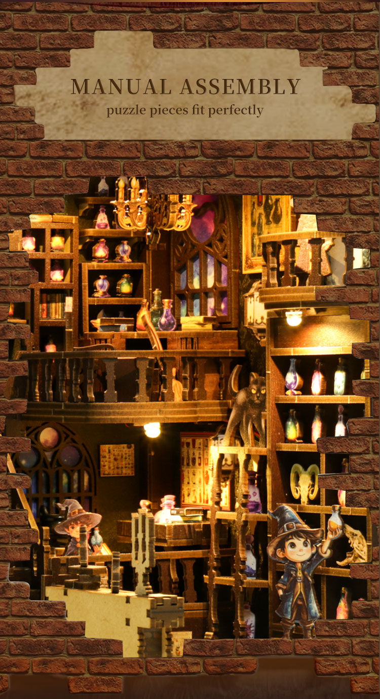 DIY book nook kit scene on brick background with bright miniature shelves and figures