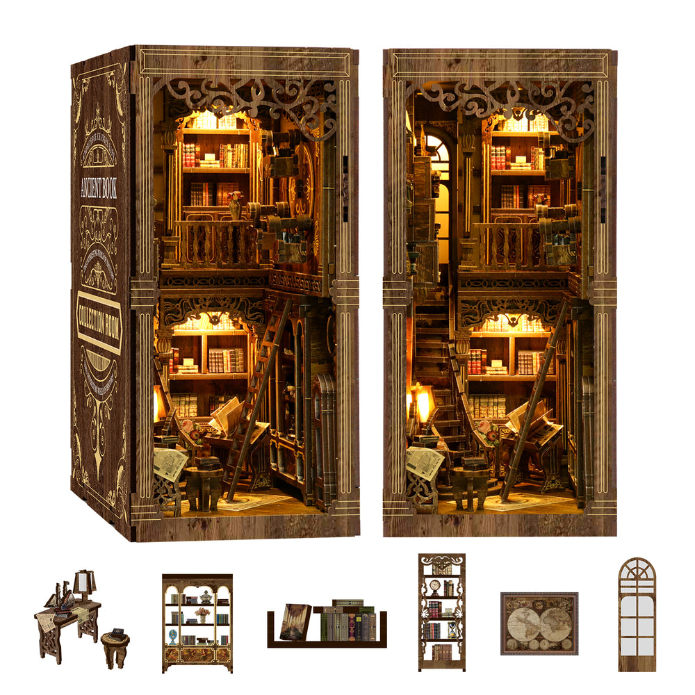 Antique book collection room kit pieces, two lit diorama panels with small furniture parts