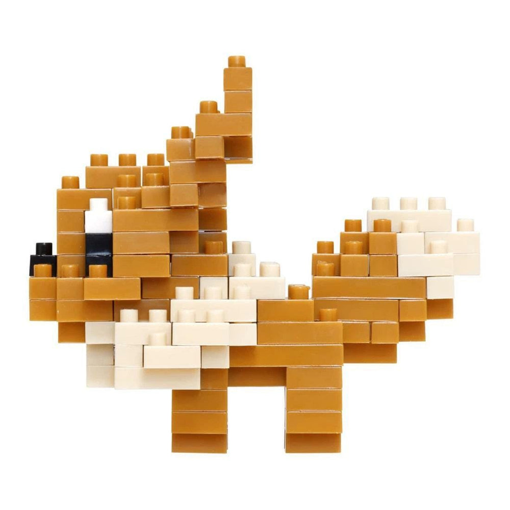 Eievui nano building block figure, side view, orange and white with black accents