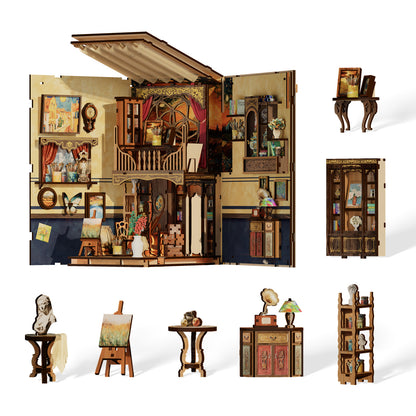 The image is a collage of various miniature wooden furniture and art-related items, including a wooden dollhouse, a wooden desk, a wooden chair, a wooden bookshelf, a wooden cabinet, a wooden table, a wooden easel, a wooden sculpture, a wooden vase, a wooden clock, a wooden birdhouse, a wooden cat, a wooden teddy bear, a wooden doll, and a wooden book.