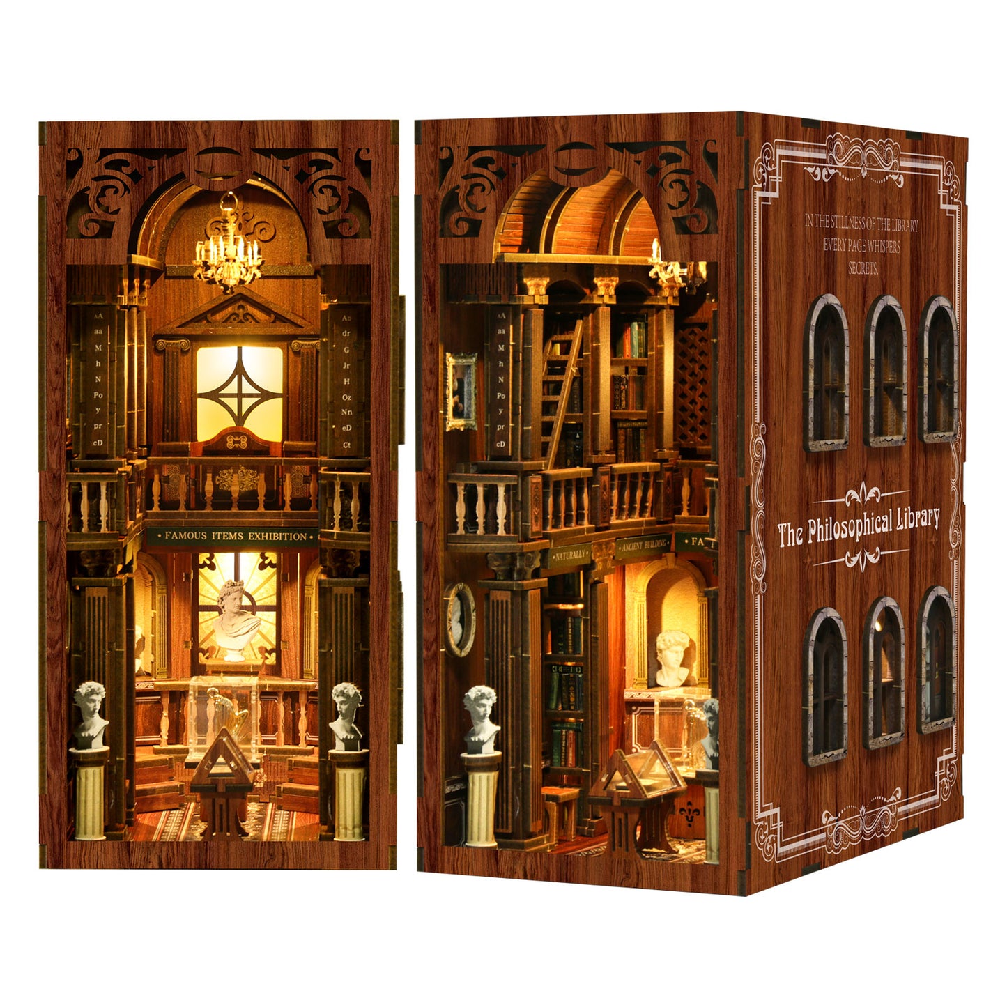 The image is a miniature diorama of a library, featuring intricate architectural details and a warm, inviting atmosphere.
