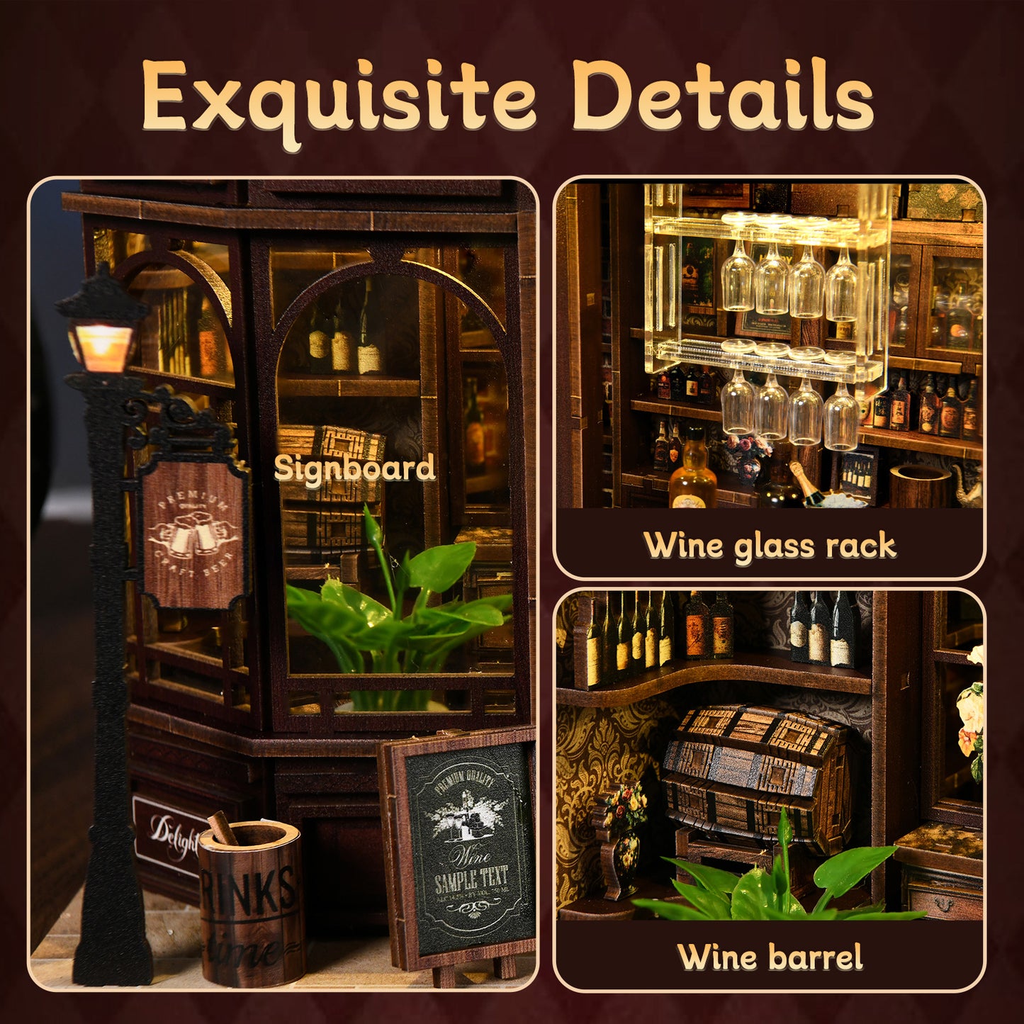 The image is a collage of three photos depicting a wine bar with various items such as a wine glass rack, a wine barrel, and a signboard.