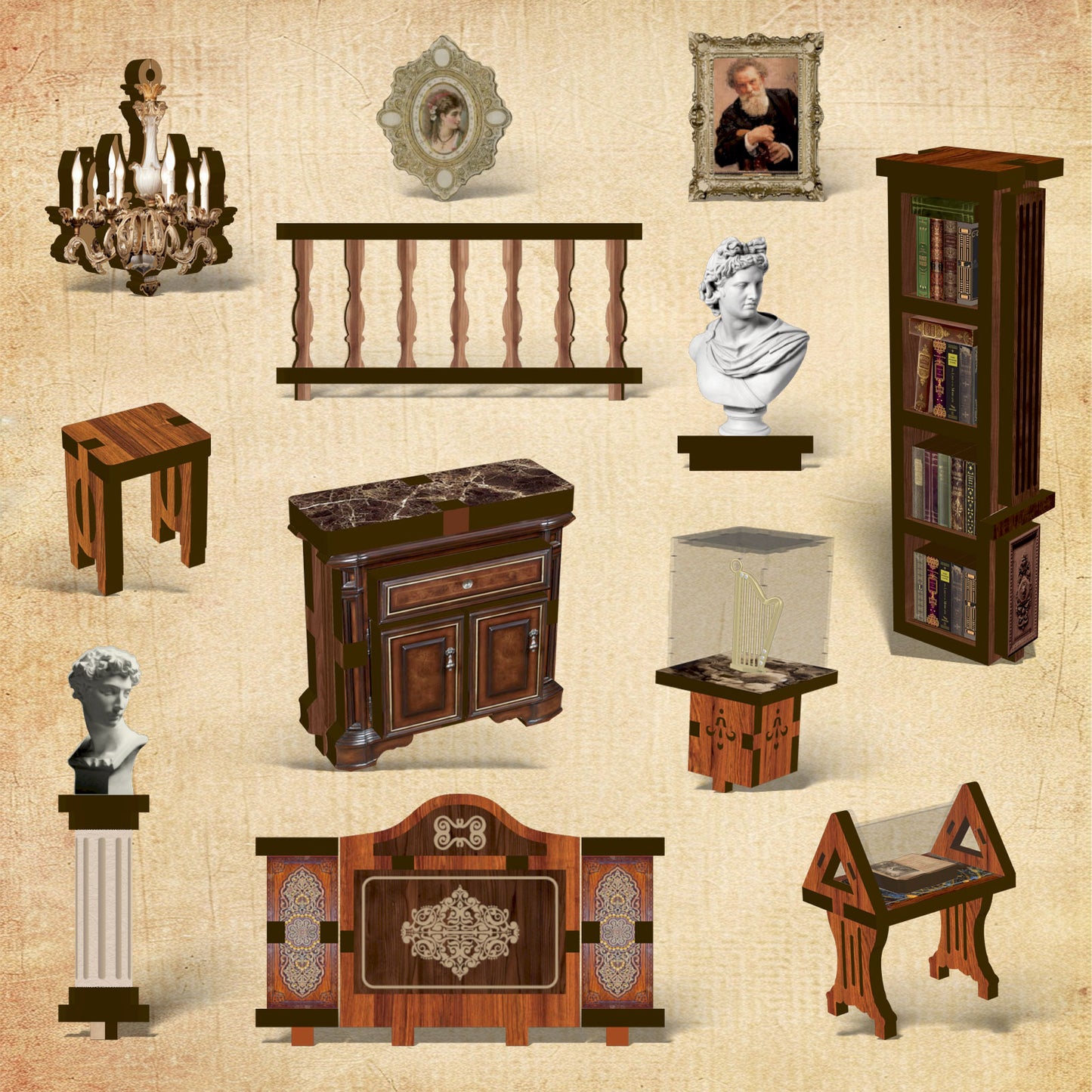 a variety of antique furniture and decorative items, including a chandelier, a bust, a bookshelf, a cabinet, a table, a chair, a desk, a mirror, a vase, a sculpture, a painting, and a book.