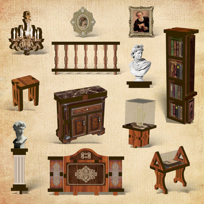 a variety of antique furniture and decorative items, including a chandelier, a bust, a bookshelf, a cabinet, a table, a chair, a desk, a mirror, a vase, a sculpture, a painting, and a book.