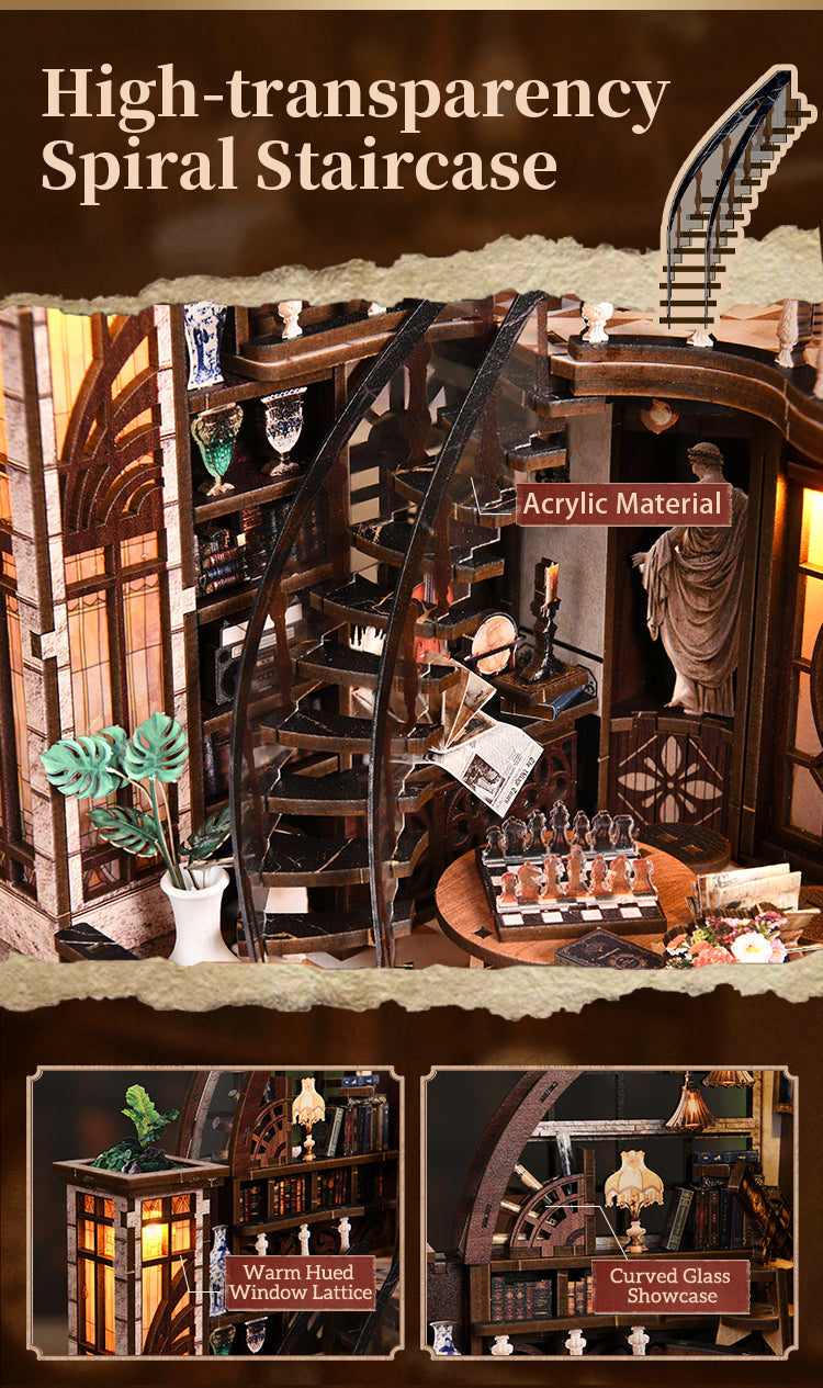 DIY miniature bookstore spiral staircase with clear acrylic steps and miniature decor.