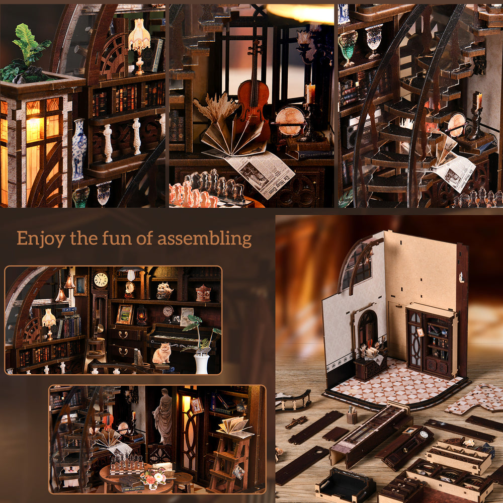 Miniature bookstore assembly accessories with box panels and furniture pieces on base