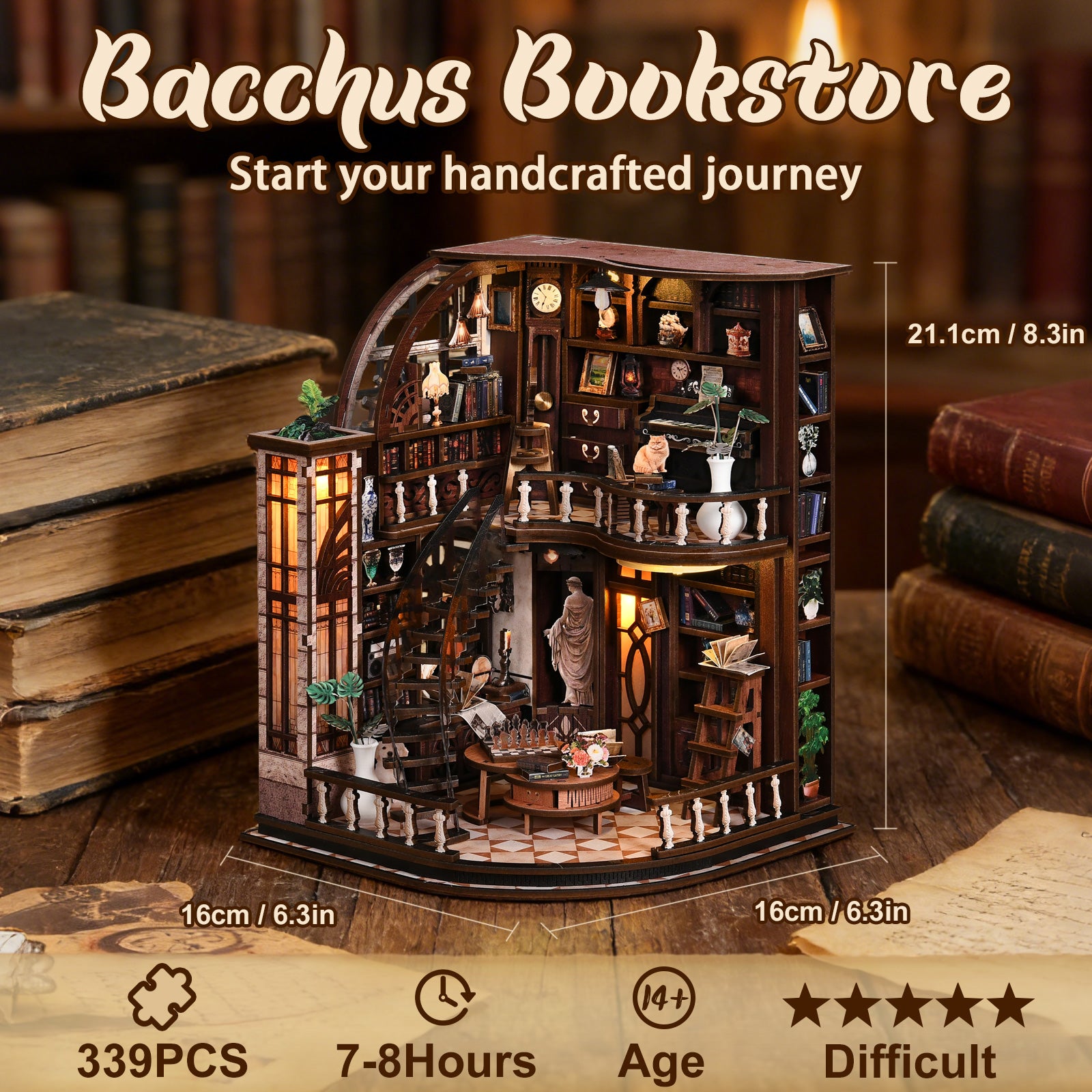 DIY miniature bookstore model with stacked shelves, tiny furniture, warm glow.
