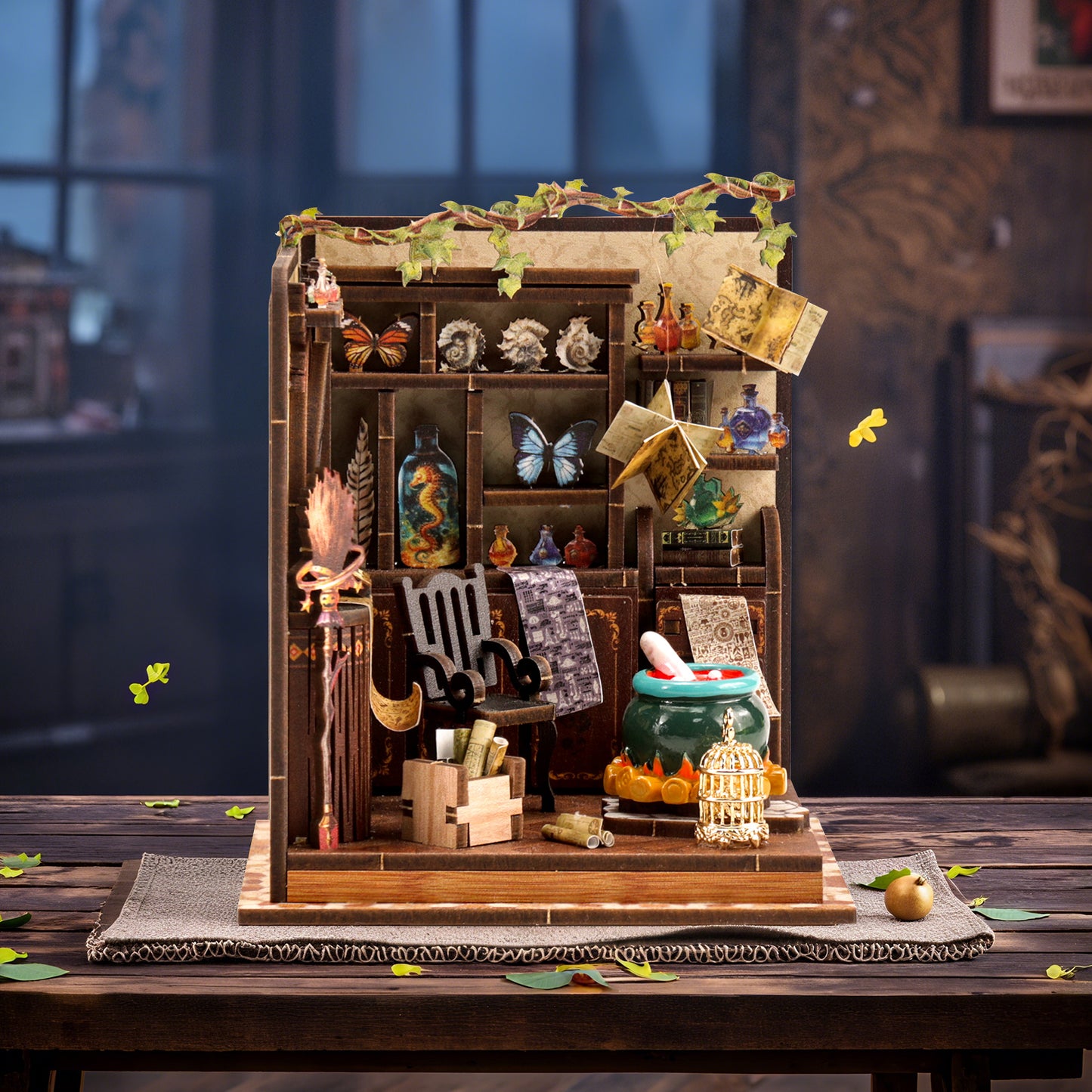 A miniature wooden shelf filled with various knick-knacks, including a vase, figurines, and other decorative items, set against a blurred background.