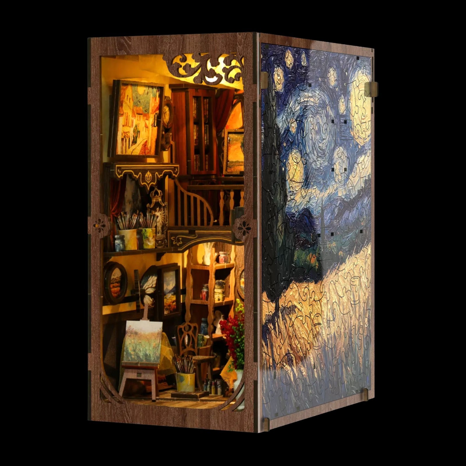 The image is a miniature wooden dollhouse with a painting of the Starry Night on its side. The dollhouse is filled with various objects, including a painting, a vase, and a clock, creating a cozy and artistic atmosphere.