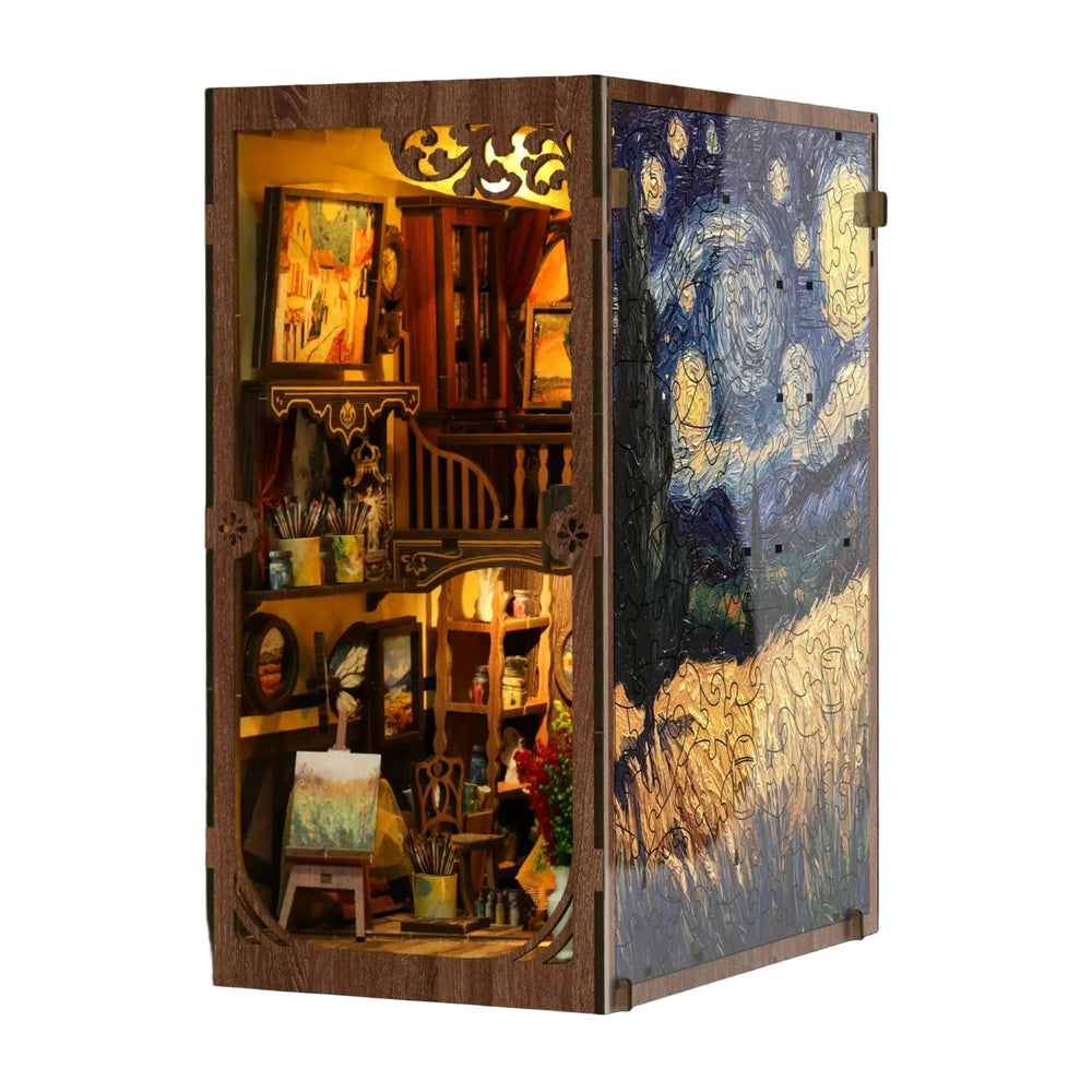 Book nook kit with open cabinet doors showing miniature room and warm interior light
