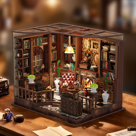 A detailed miniature model of a library or study room, featuring a variety of bookshelves, a desk, and decorative elements such as vases and potted plants.