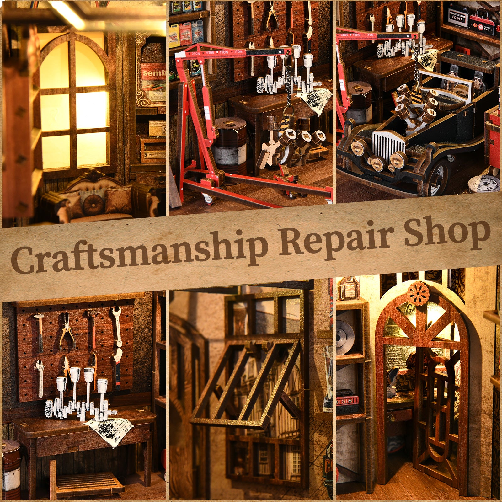 The image is a collage of various scenes from a craftsmanship repair shop, showcasing tools, equipment, and the interior of the shop.