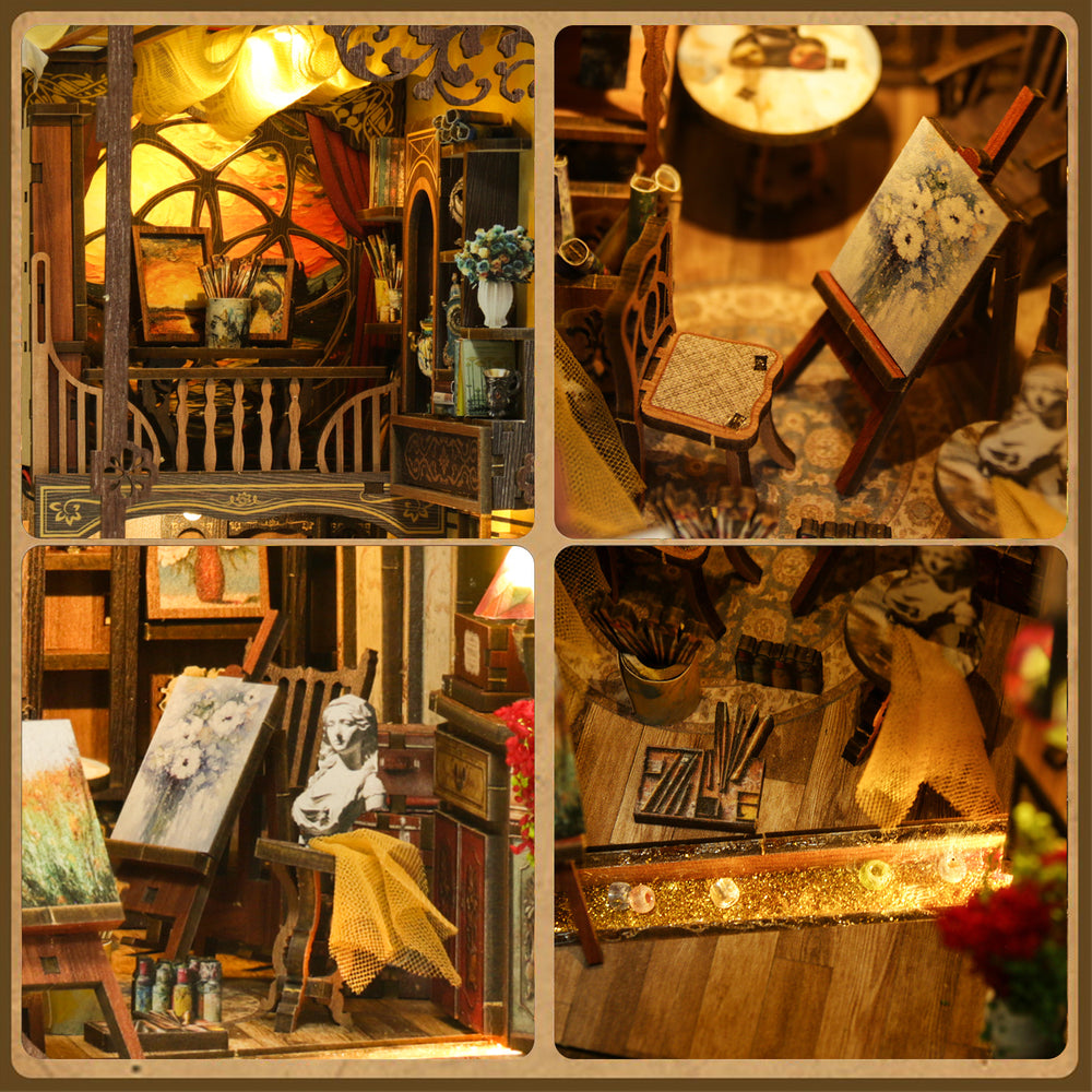Book nook kit close-up collage of mini furniture, wall art, and warm lights