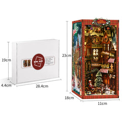 DIY book nook kit in rectangular box with miniature Christmas street corner scene