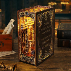 Gothic book nook kit book box with gold filigree and 'Don't worry about tomorrow' text