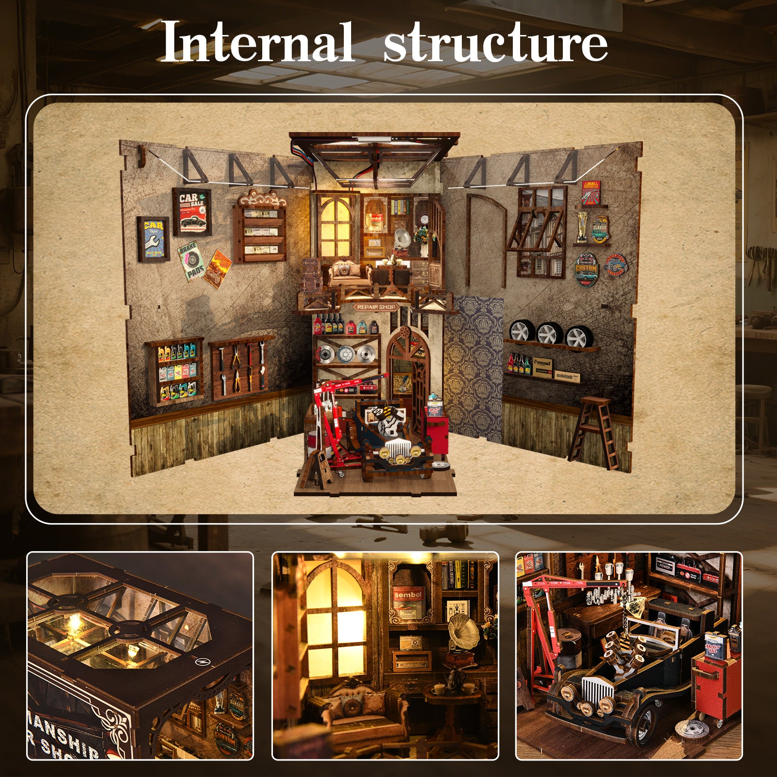 Miniature repair shop kit interior diagram showing shelves, workbench, and tools