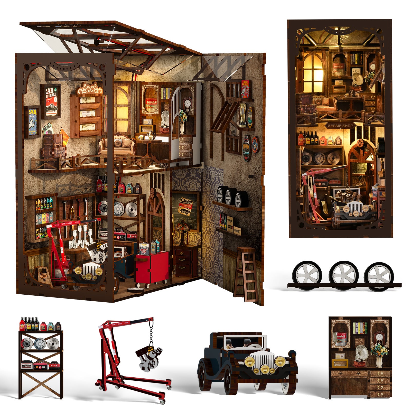 DIY book nook kit set featuring a miniature workshop scene and small accessory pieces