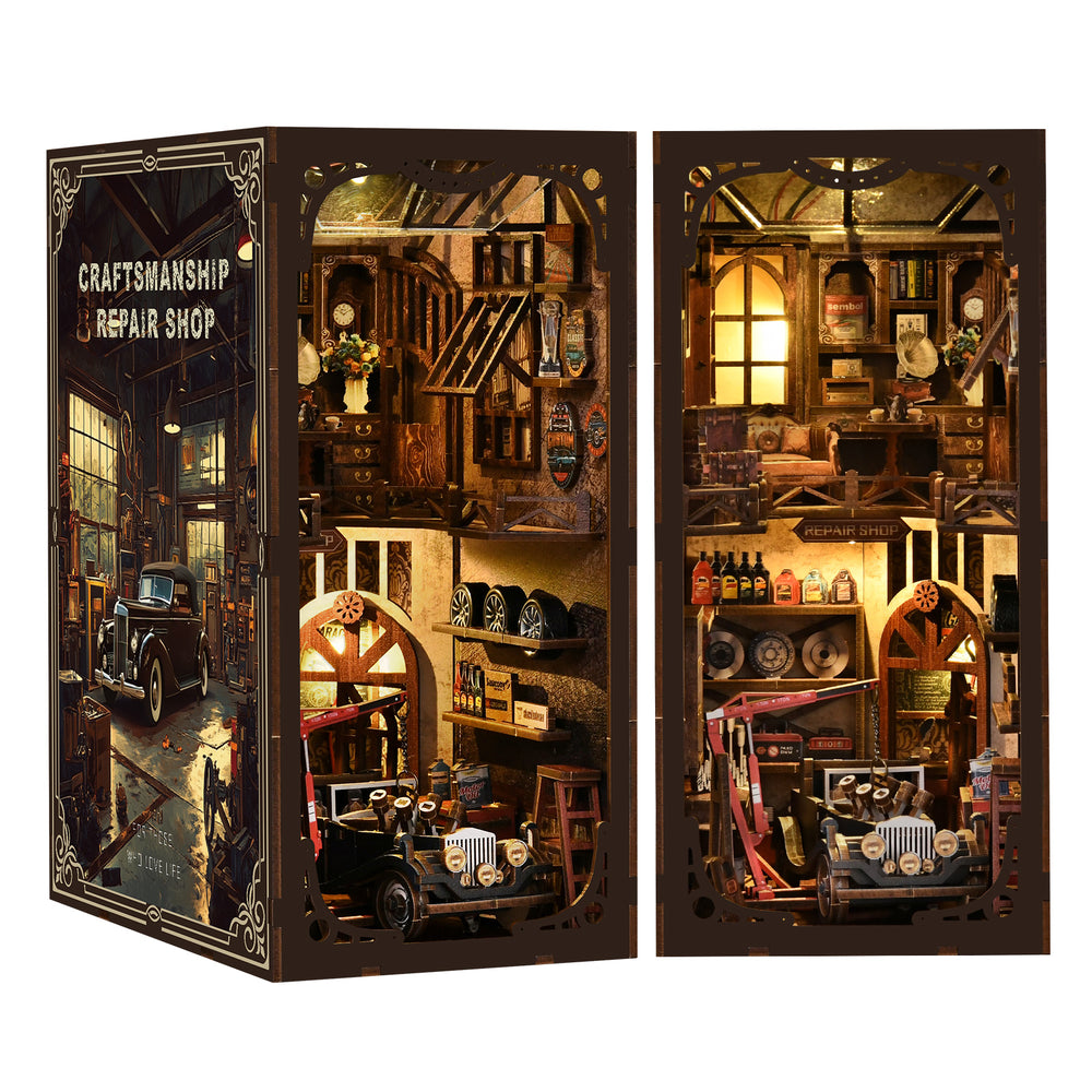 Miniature workshop diorama kit with two open panels, showing shelves, workbenches, and tools