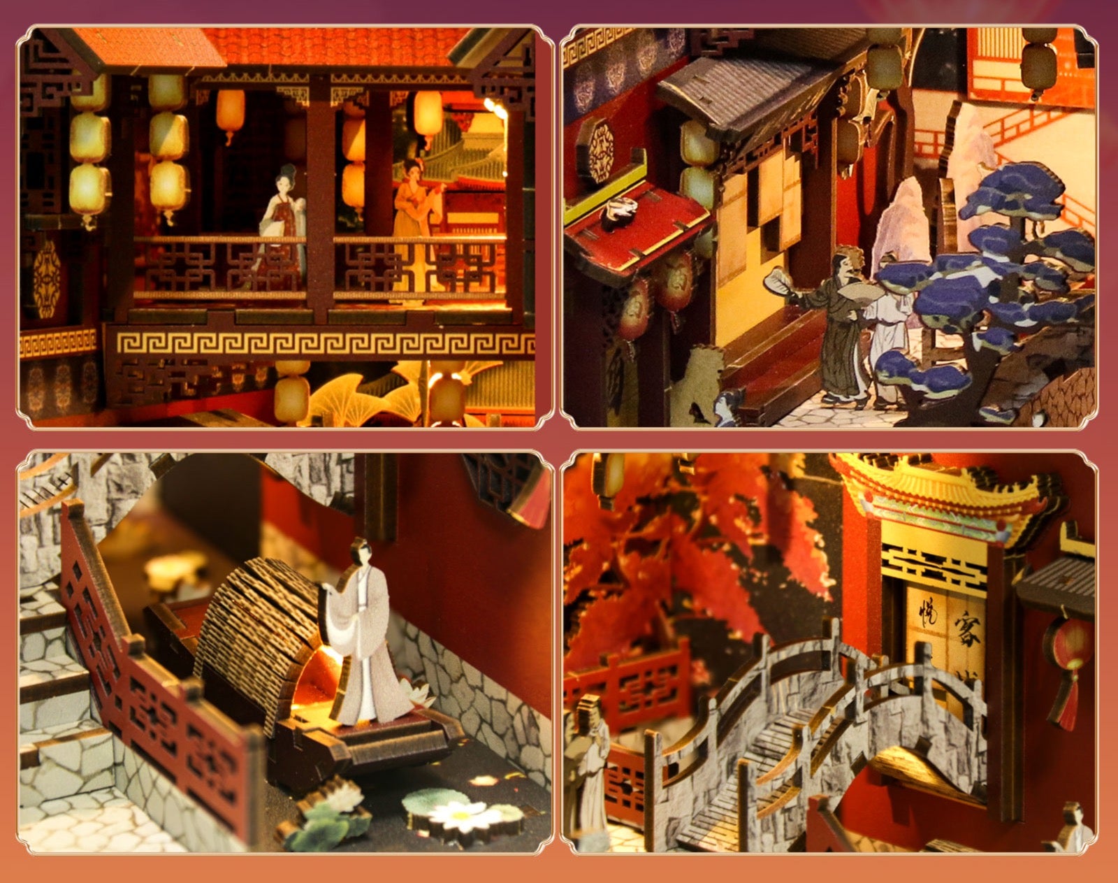 DIY book nook kit interior view collage with courtyard, balcony, lamp lighting, and walkway