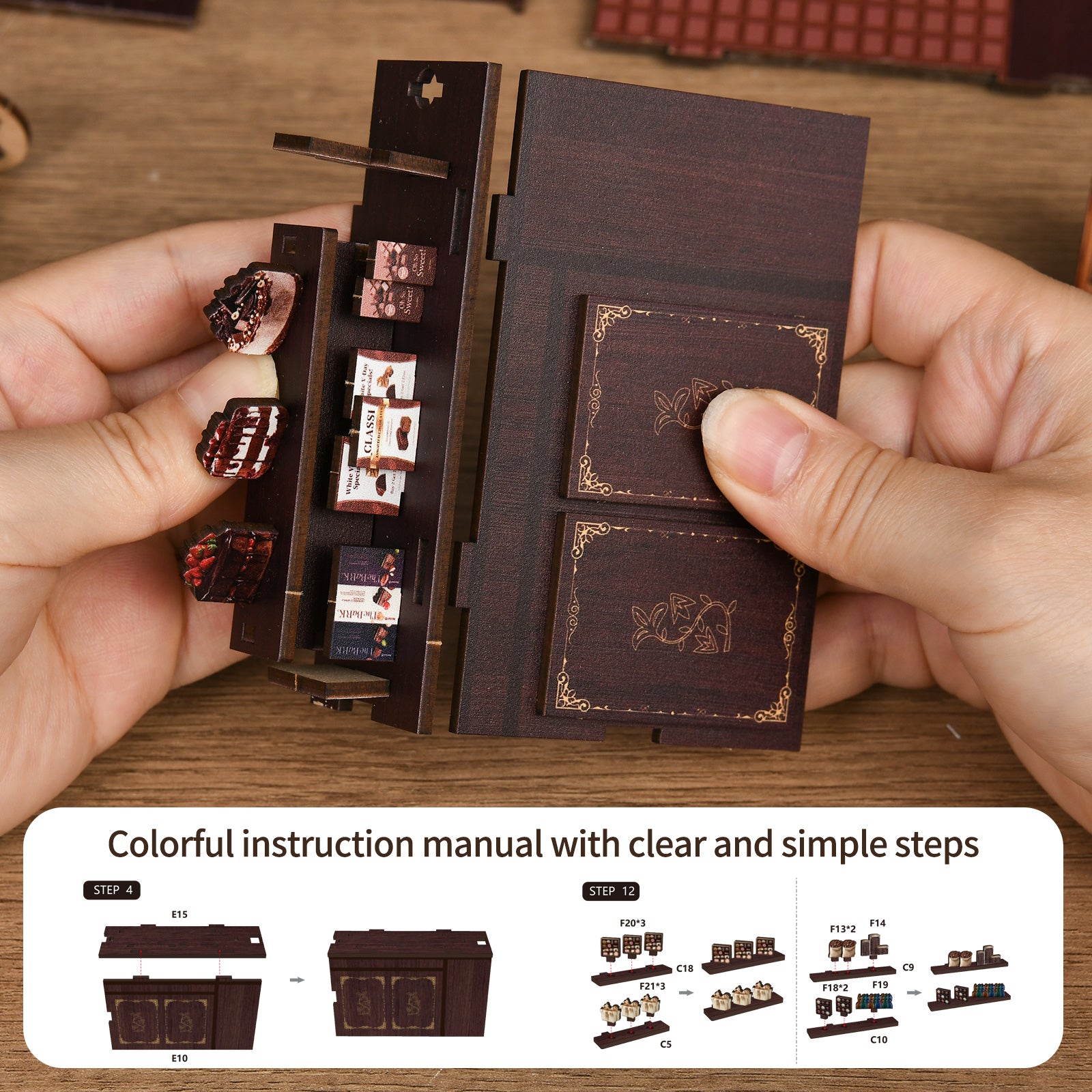 DIY miniatures kit instruction booklet and accessories in a mini box, assorted pieces