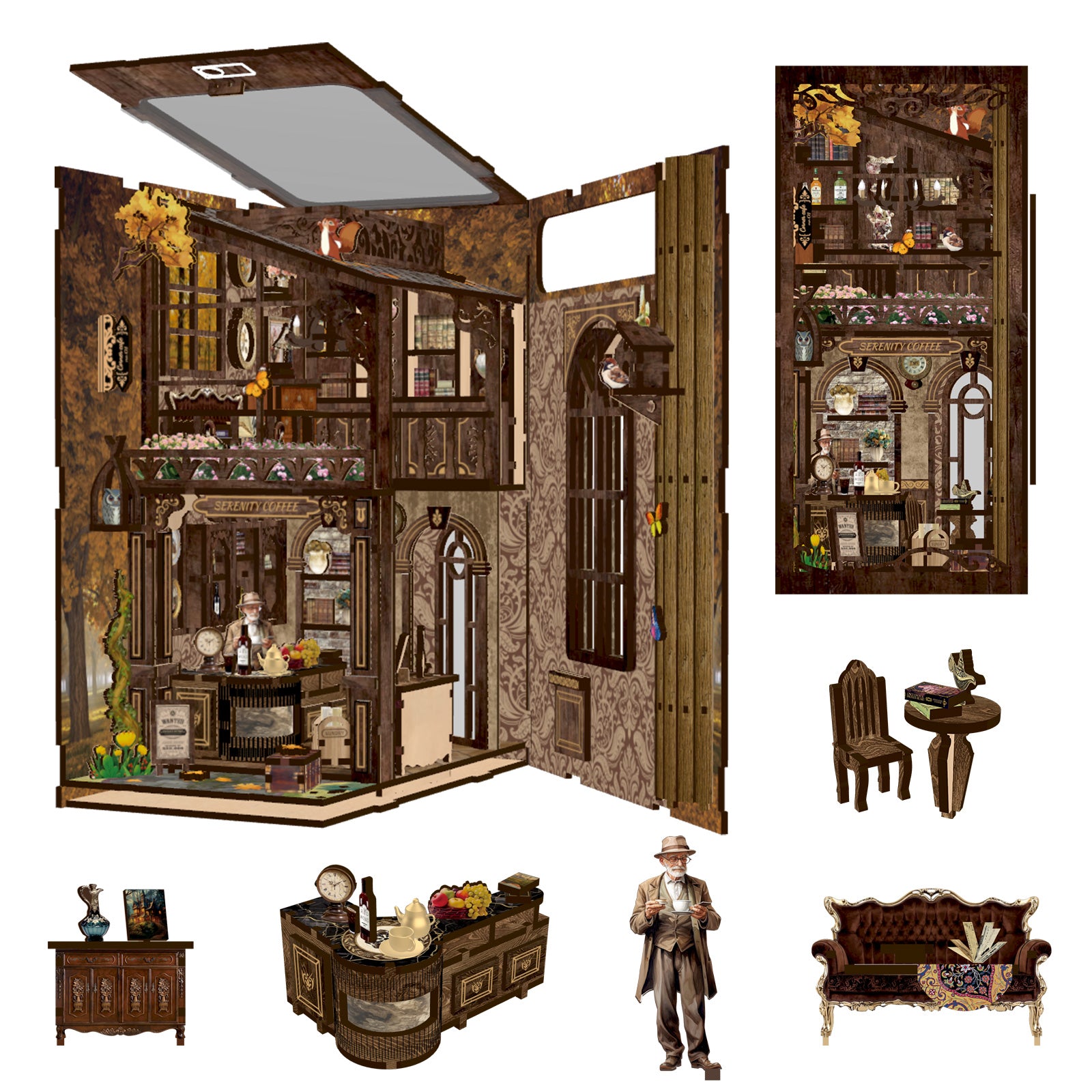 DIY book nook kit with an open miniature coffee house scene and included furniture pieces