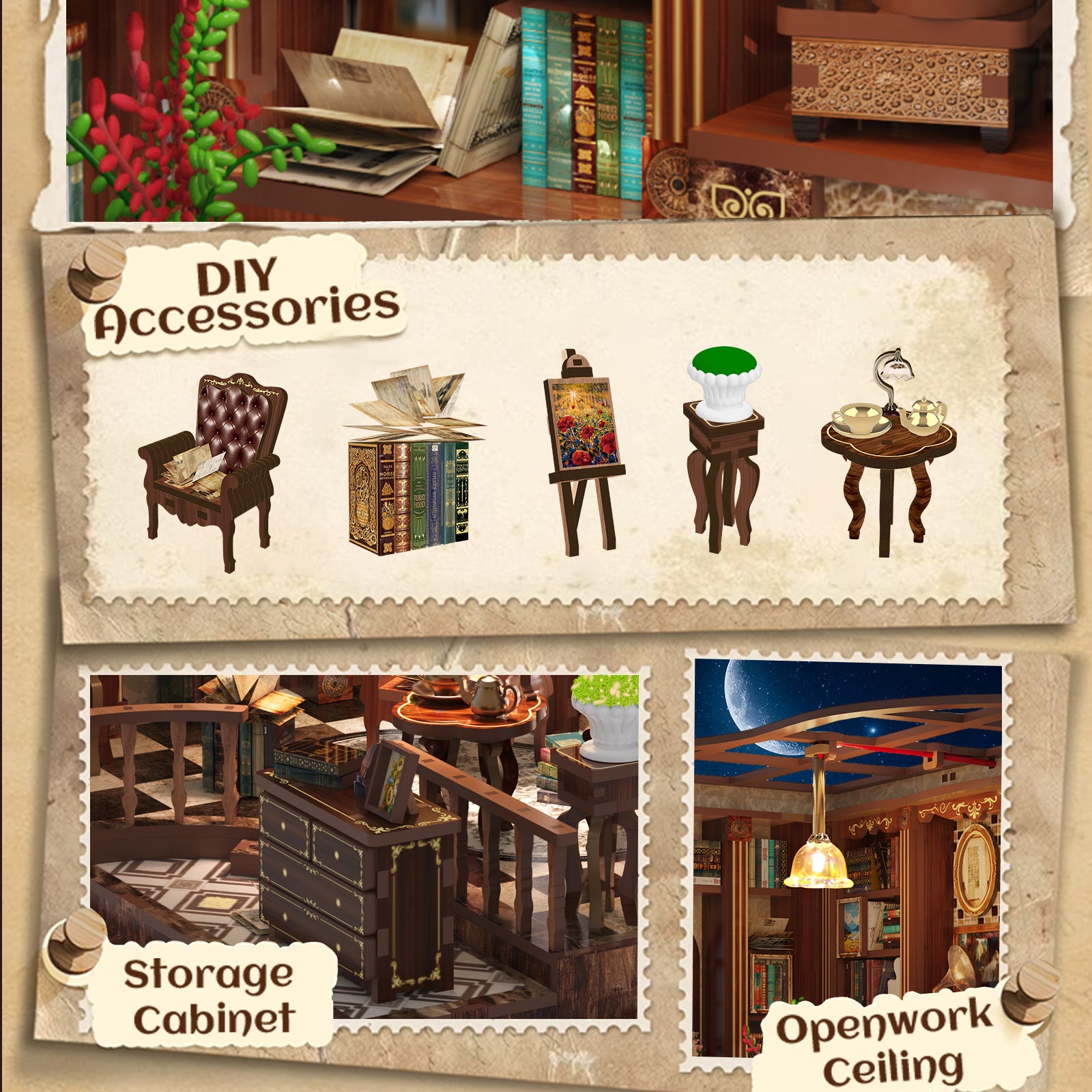 DIY mini house accessories card showing chair, storage cabinet, and openwork ceiling detail