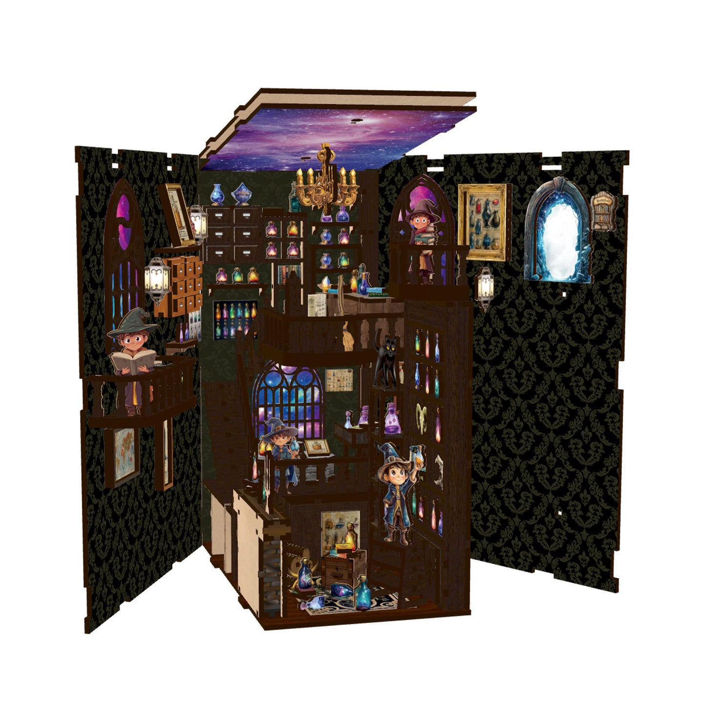 A detailed illustration of a miniature dollhouse with various rooms and objects, including a bookshelf, chandelier, and other decorative elements.