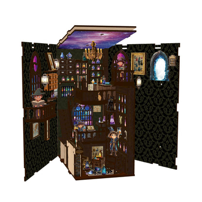 A detailed illustration of a miniature dollhouse with various rooms and objects, including a bookshelf, chandelier, and other decorative elements.