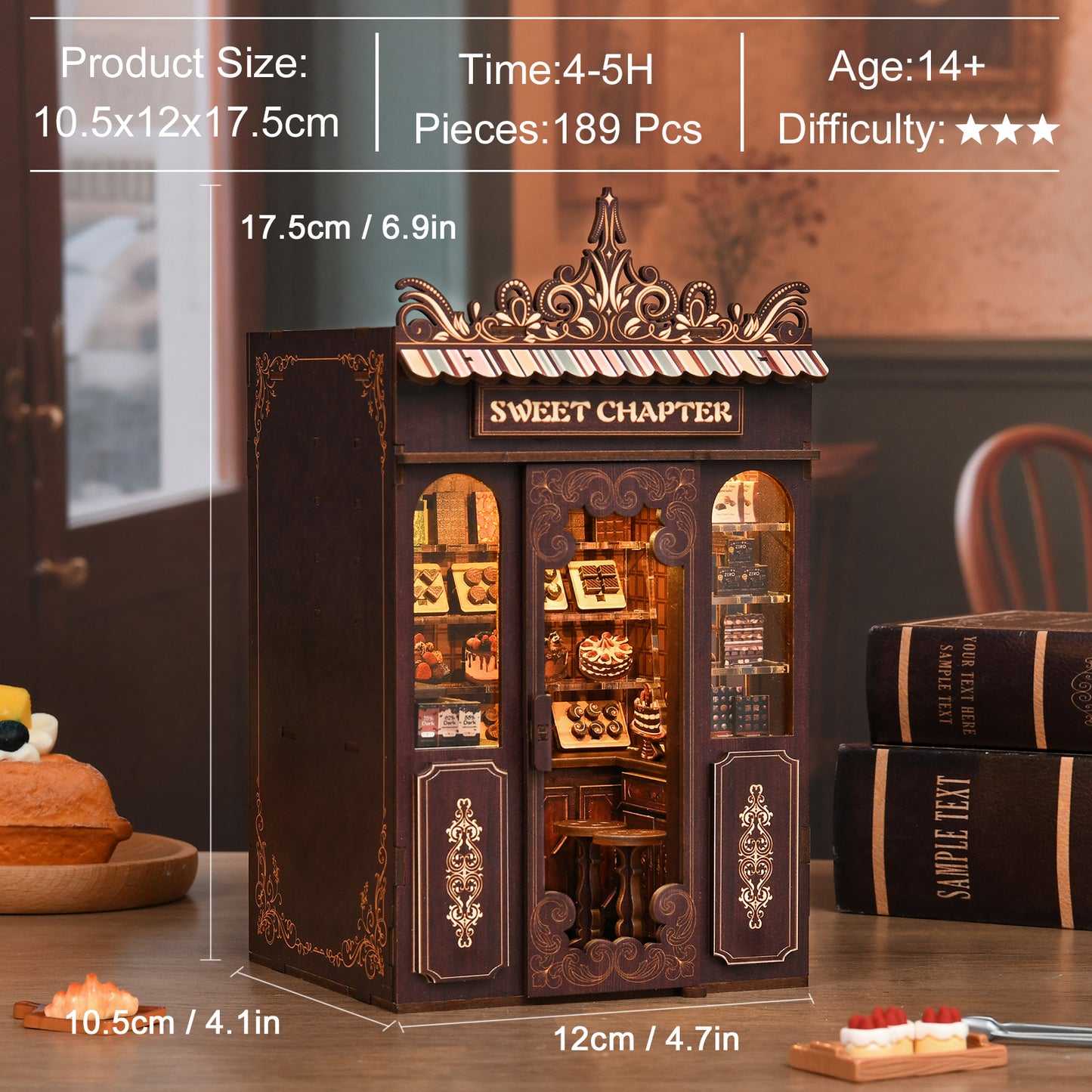 a miniature model of a candy shop, with various sweets and candies displayed inside the shop. The candy shop is made of wood and has a decorative design. The image also includes measurements and a description of the product.