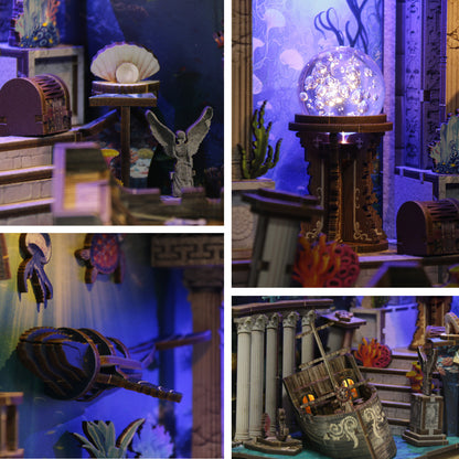 The image is a collage of four different scenes, each featuring various objects and decorations, including a large crystal ball, a statue, a ship, and other maritime-themed items.