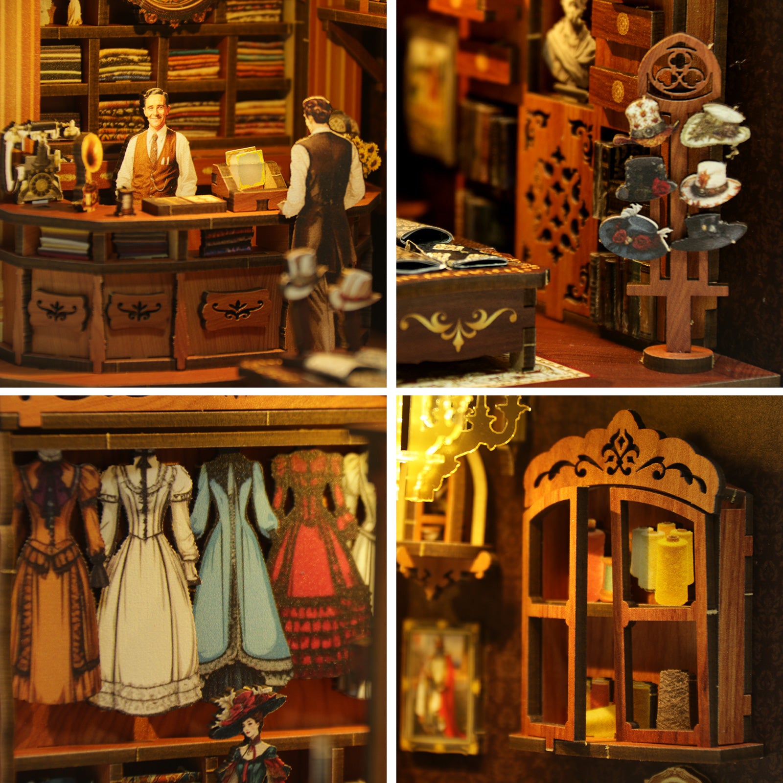 The image is a collage of four photos depicting a vintage-style shop with various items, including a mannequin, books, and a wooden cabinet.