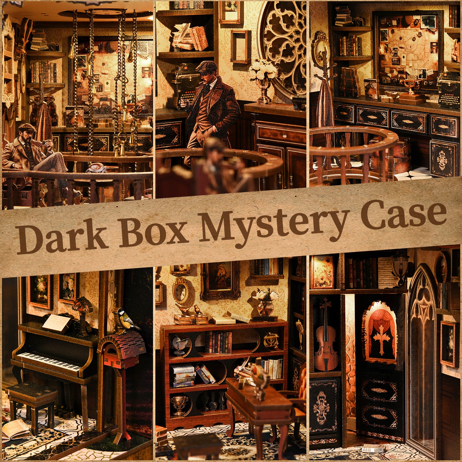 DIY book nook kit with miniature rooms and "Dark Box Mystery Case" title banner