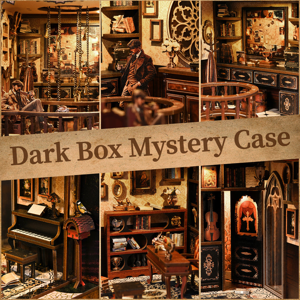 DIY book nook kit with miniature rooms and "Dark Box Mystery Case" title banner