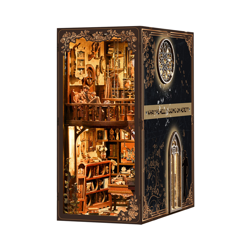 DIY book nook display case with glowing interior shelves and arched room details
