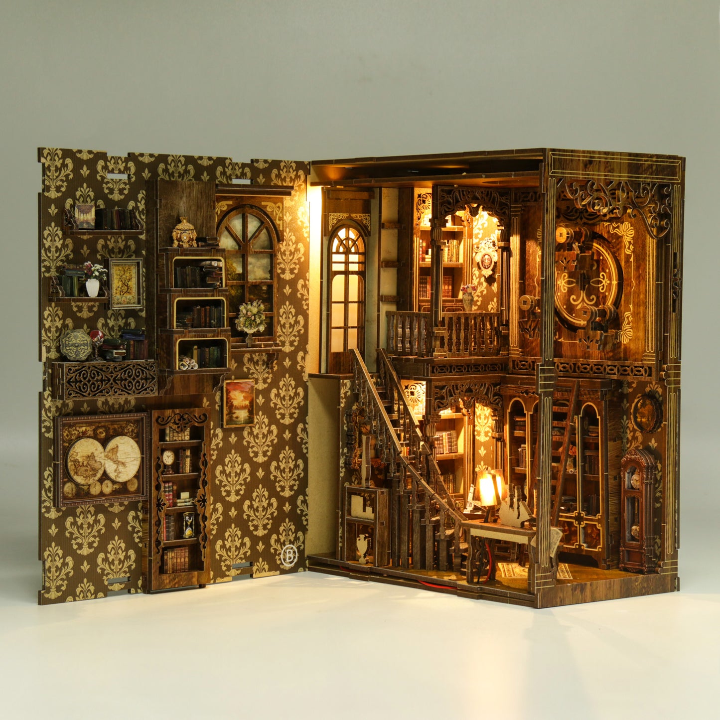 A detailed and intricate miniature dollhouse with ornate wooden furniture, wallpaper, and various decorative elements, including a clock and bookshelves.