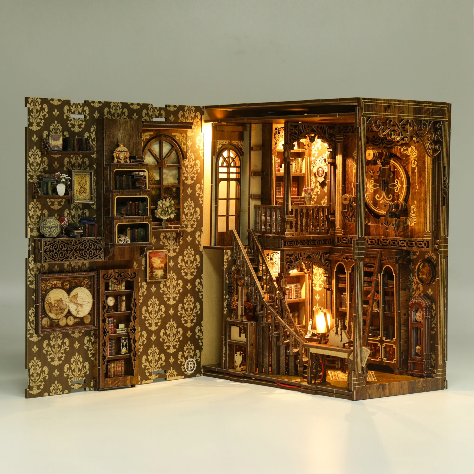 A detailed and intricate miniature dollhouse with ornate wooden furniture, wallpaper, and various decorative elements, including a clock and bookshelves.