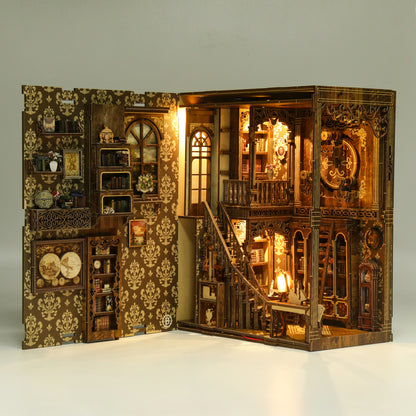 A detailed and intricate miniature dollhouse with ornate wooden furniture, wallpaper, and various decorative elements, including a clock and bookshelves.