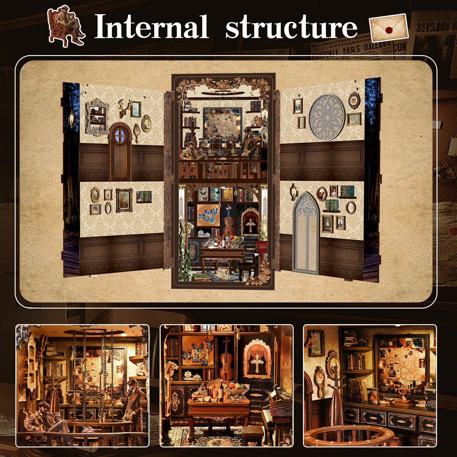 The image is a collage of various scenes depicting a room with a large open door, shelves filled with books, and other decorative elements.