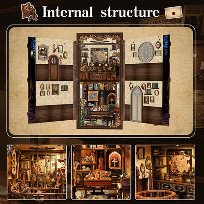 The image is a collage of various scenes depicting a room with a large open door, shelves filled with books, and other decorative elements.