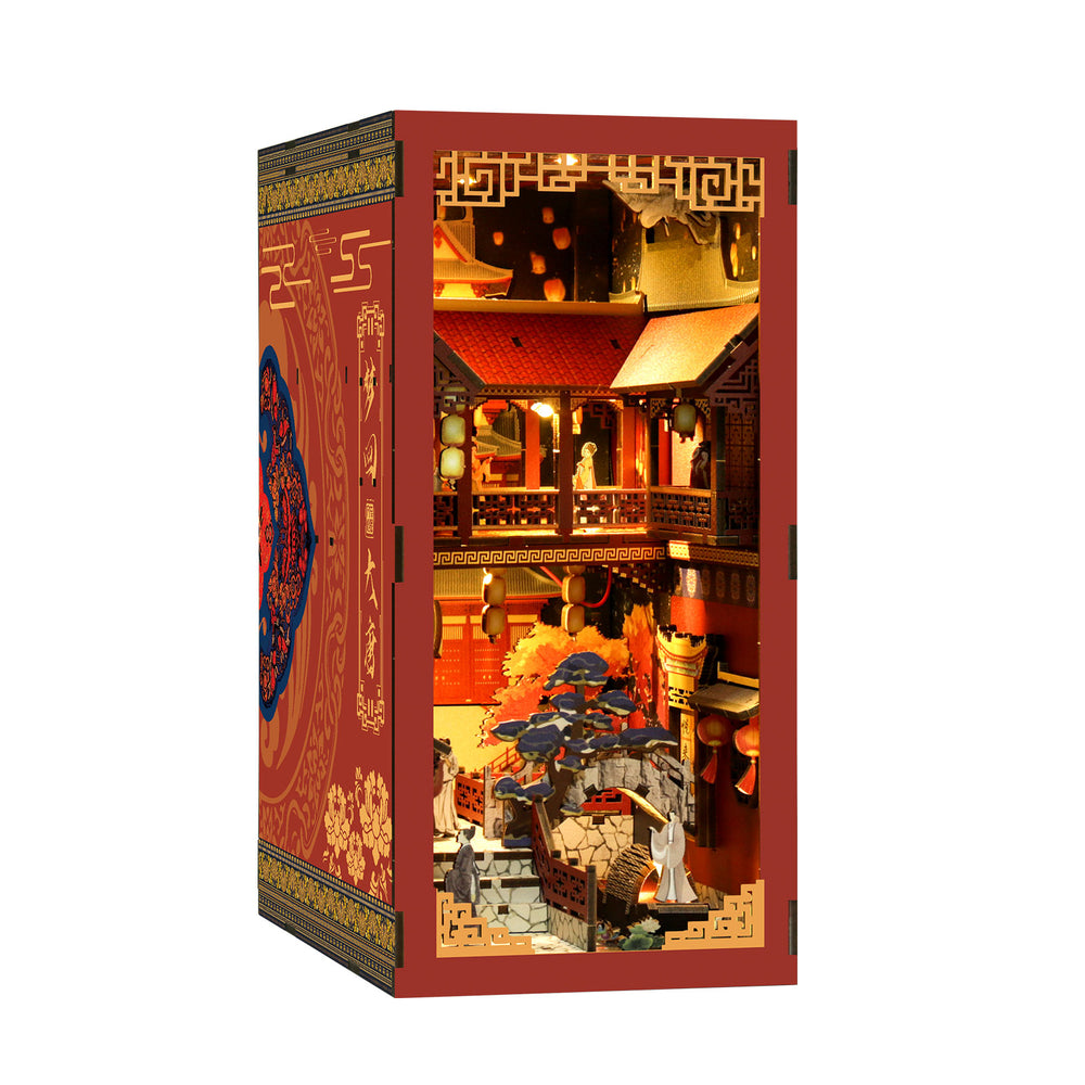 DIY book nook kit box with Tang-style courtyard scene, red and gold design, open view