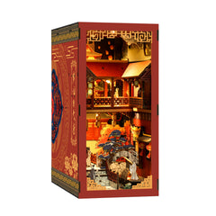 DIY book nook kit box with Tang-style courtyard scene, red and gold design, open view