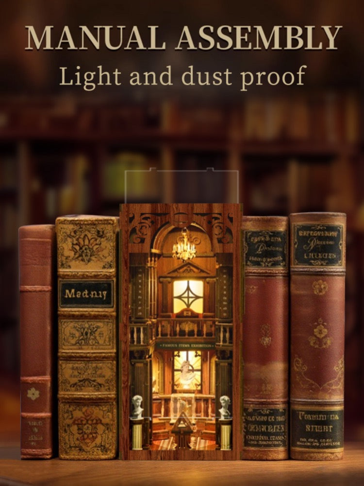 The image is a collage of various bookshelves and books, with a focus on a miniature model of a library. The bookshelves are made of wood and have intricate designs, while the books are old and ornate. The image also includes a sign for a retro library and a sign for a natural library.