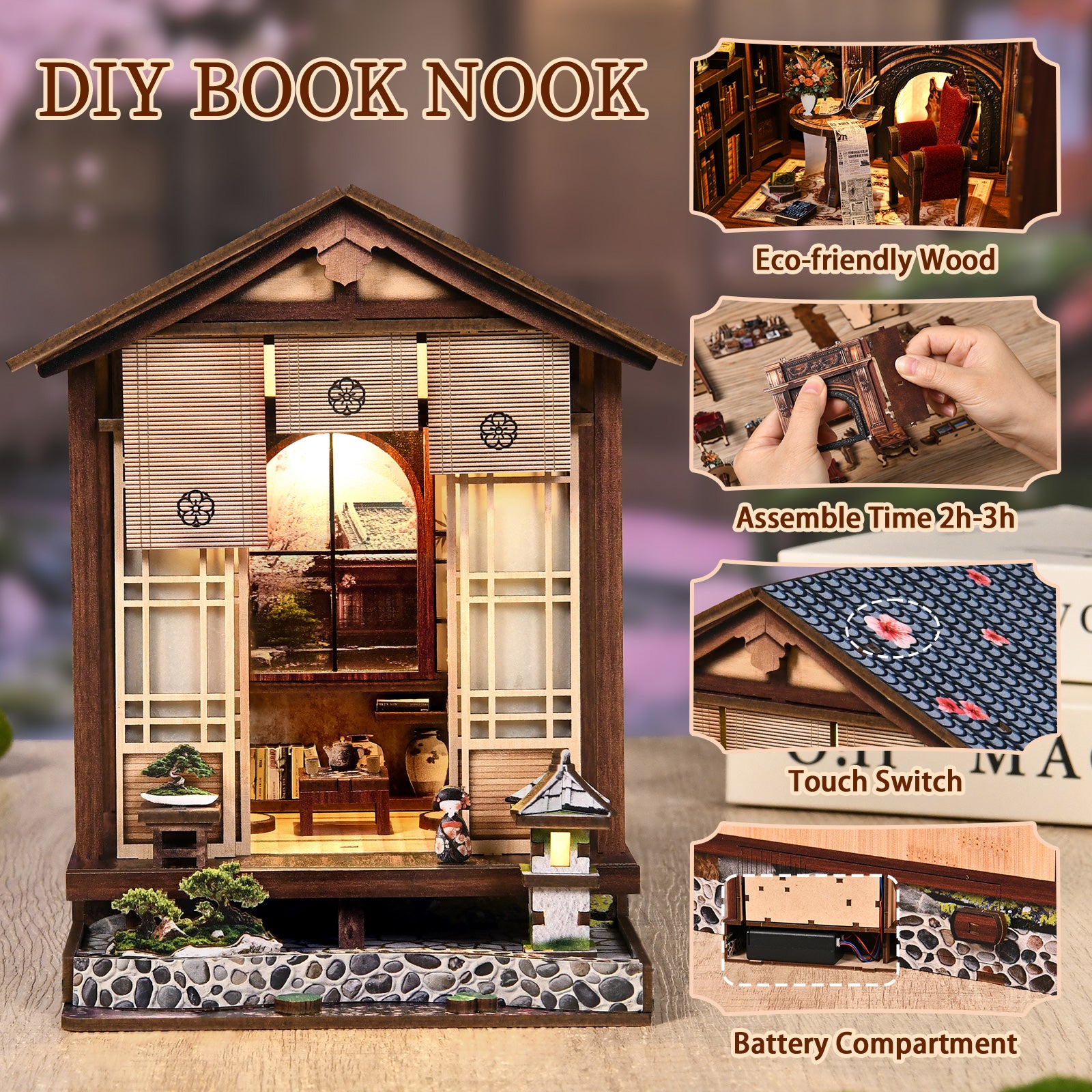 The image is a collage of various images related to a DIY book nook, including a wooden house, a person assembling the nook, and a close-up of the nook's interior.