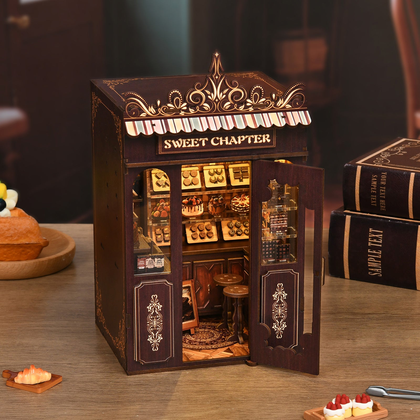 Mini shop dollhouse kit, dark brown front with ornate canopy, open doorway and shelves