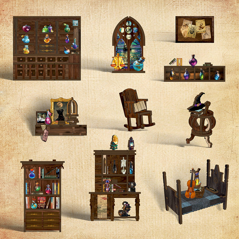 a variety of antique-style furniture and objects, including wooden cabinets, shelves, chairs, and other decorative items, all arranged in a grid-like pattern.