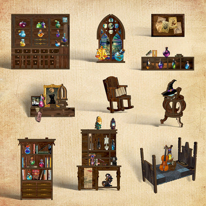 a variety of antique-style furniture and objects, including wooden cabinets, shelves, chairs, and other decorative items, all arranged in a grid-like pattern.