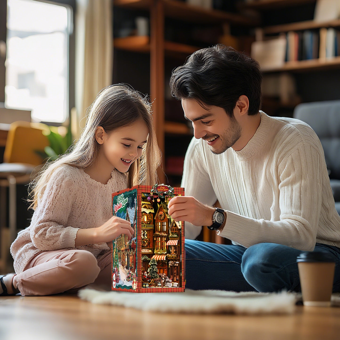A young girl and a man are sitting on the floor, looking at a colorful toy with a miniature city scene inside.