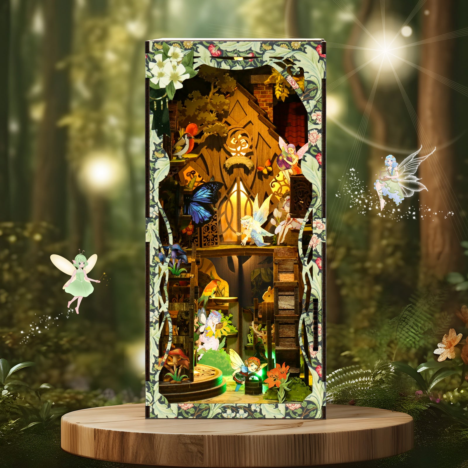 A miniature diorama depicting a whimsical forest scene with various elements such as a castle, flowers, and fairies.