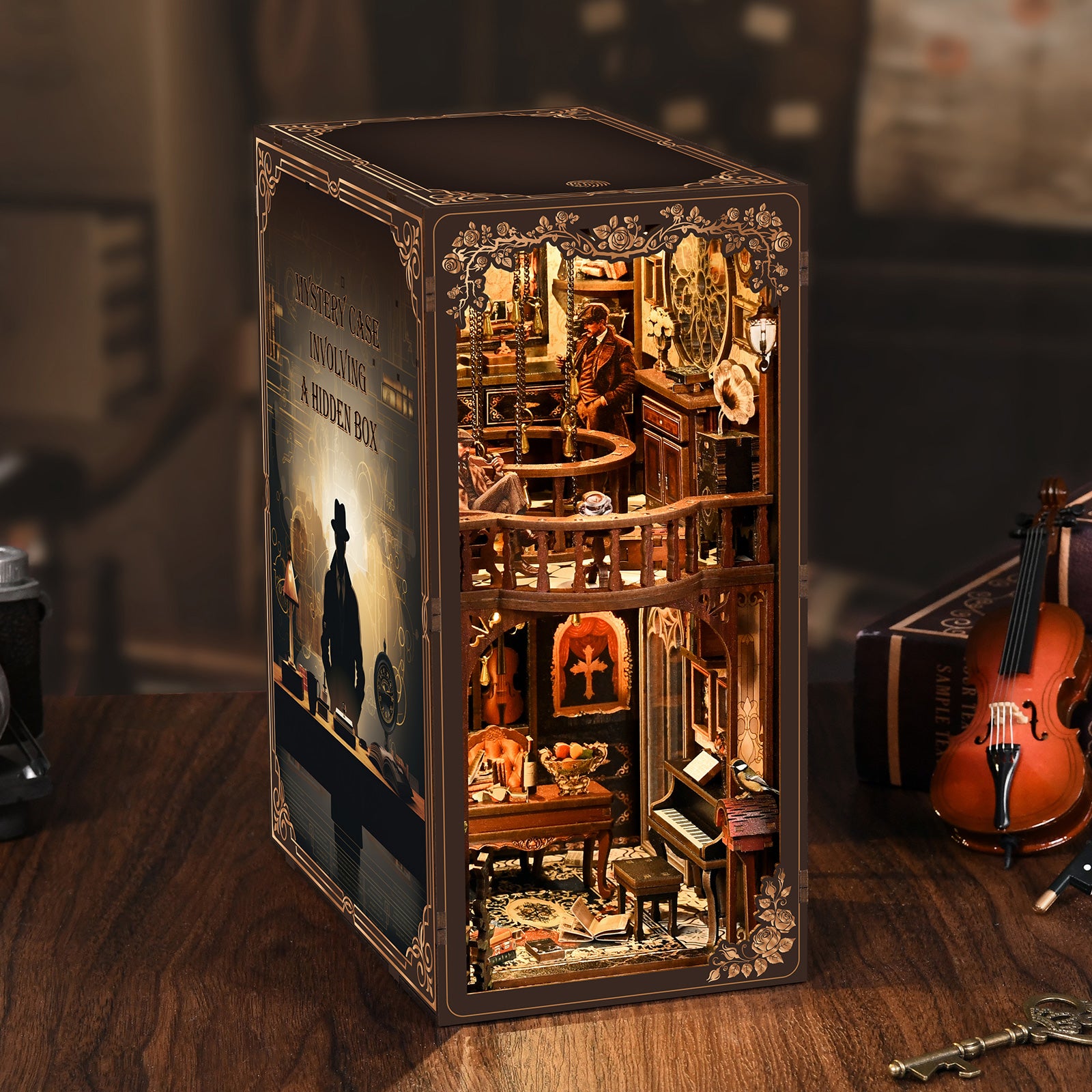 A miniature model of a Victorian-style house, complete with intricate details and decorations, is displayed on a wooden surface.